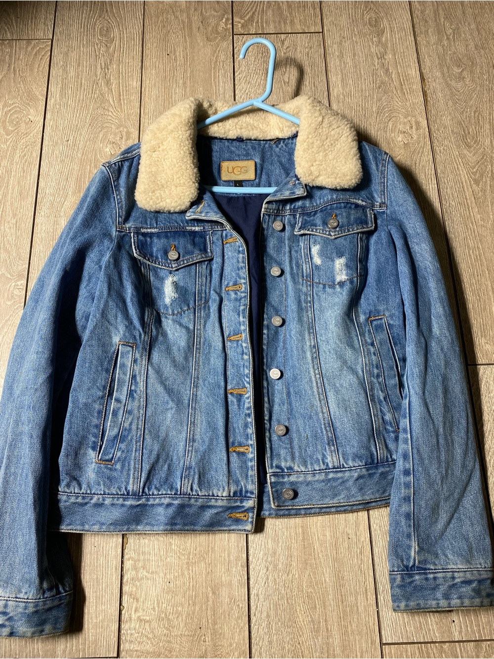 UGG SHEEPSKIN TRIM VINTAGE DENIM JACKET, WOMEN SIZE L ~ RETAIL $425